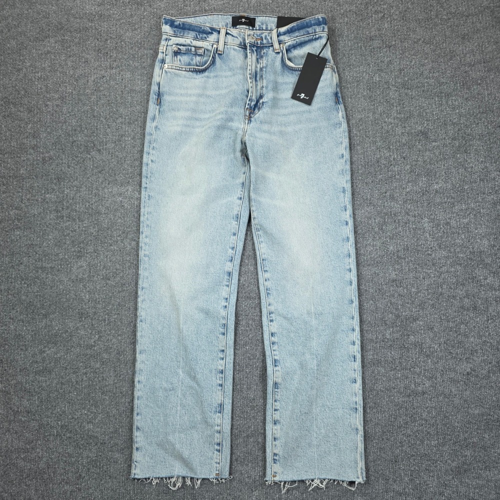 7 For All Mankind Jeans Womens 27  Logan Stovepipe Light Blue Fringed Hem New